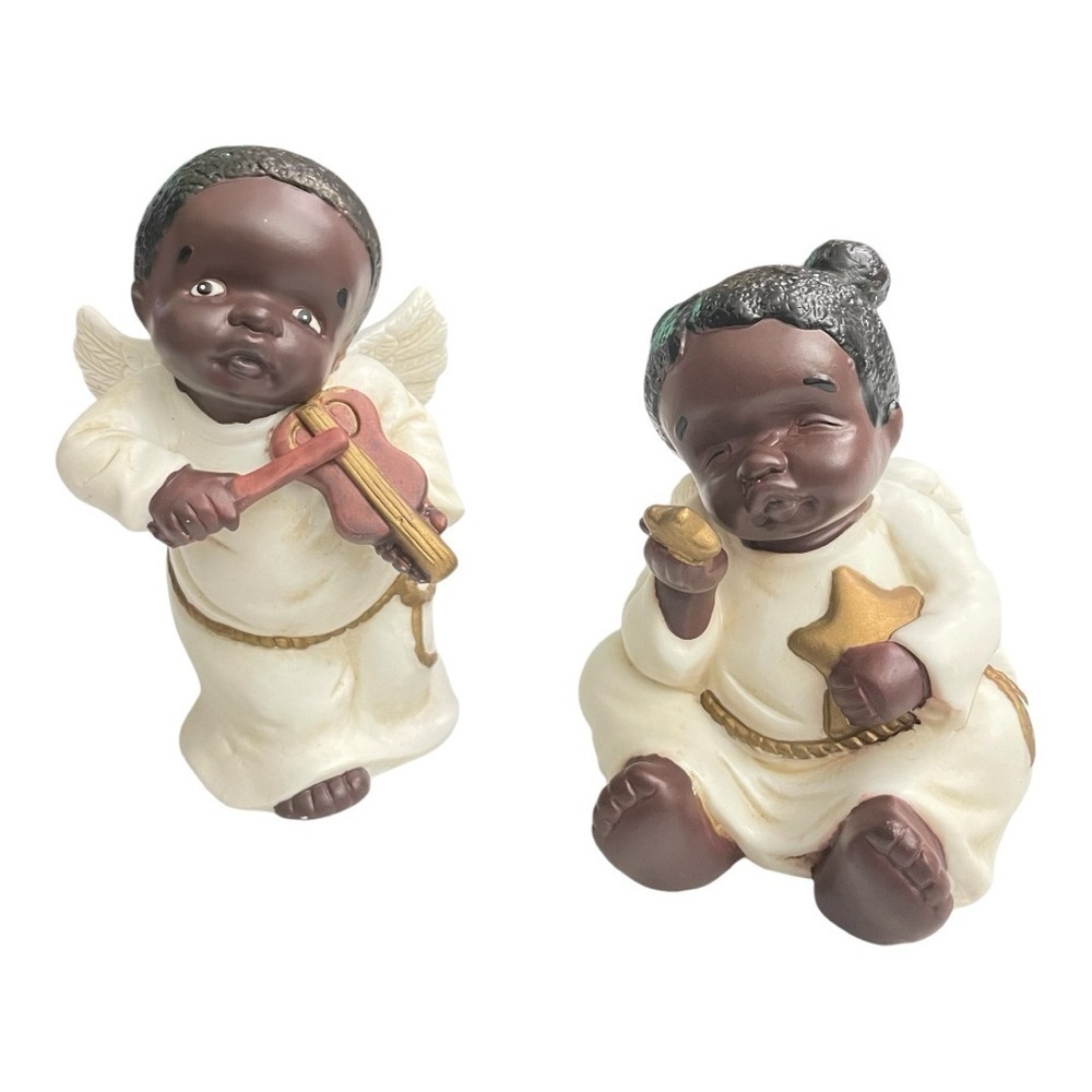 Set of African American Angel Cherub Figurine Signed Vigor Ceramic Vintage